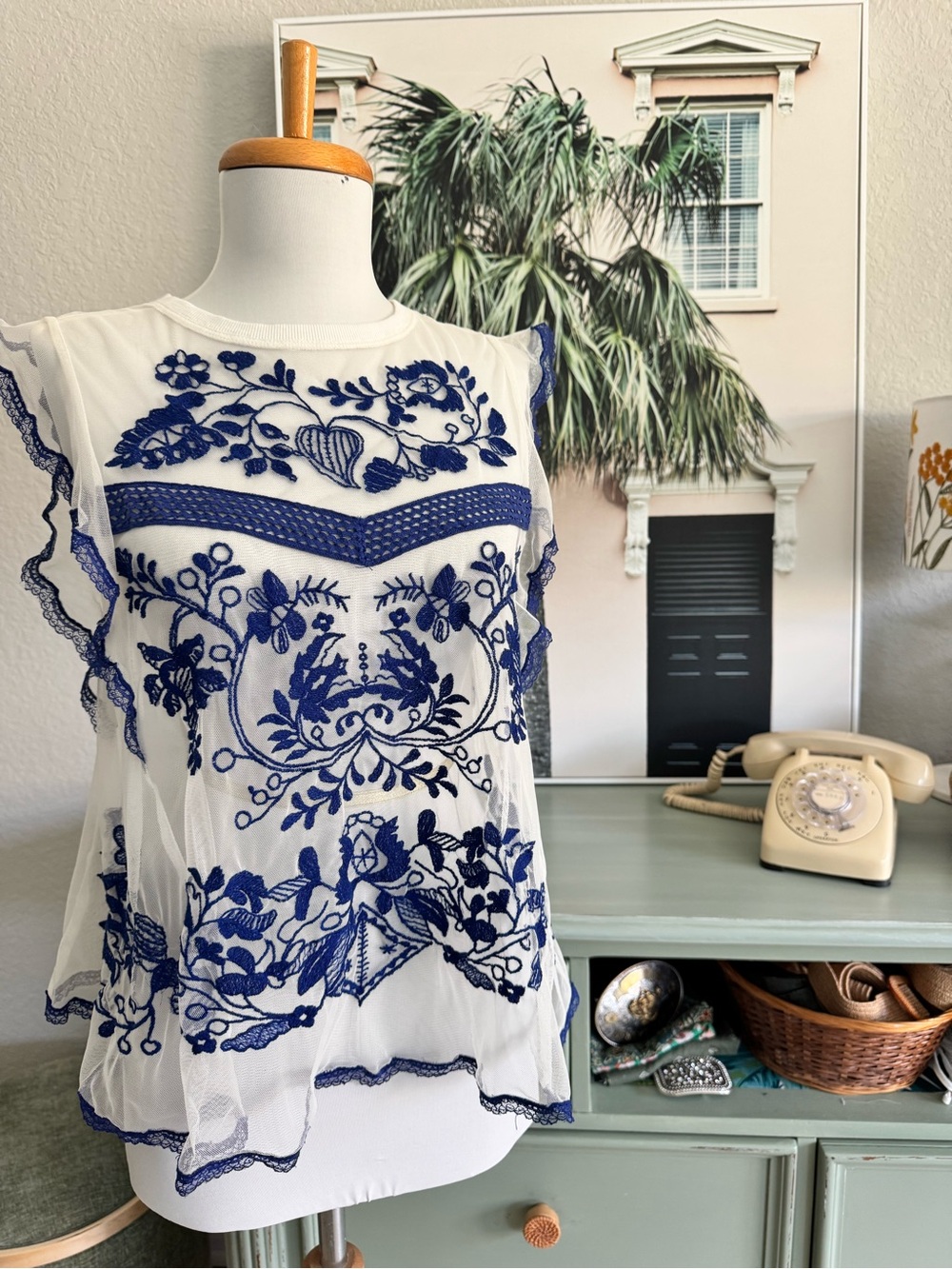 Anthropologie White Sheer Blouse with Blue Embroidery LIKE NEW
